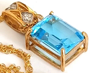 new 10K Solid Yellow Gold Swiss Blue Topaz & Diamond Necklace marked 10k - Picture 1 of 3