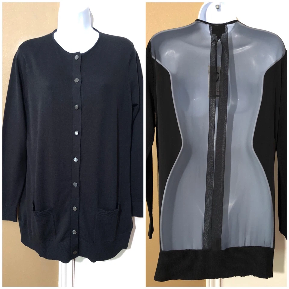 全新带标签 278 美元 W BY W W 纽约 S 码黑色打褶雪纺背面开衫毛衣 — 第 1/4 张图片