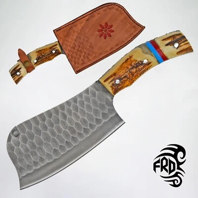 Handmade 12-Chrome Steel Cleaver – Hammered Finish with Red Stag Antler Handle Foto 1 de 4
