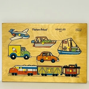 Vintage 70s Fisher Price Childrens 8 Piece Vehicles #508 Wooden Peg Puzzle - Picture 1 of 15
