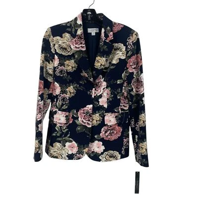 NWT Tahari ASL Floral Rose Print Button Front Blazer Jacket Navy Pink Womens  2 - Image 1 of 4