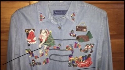 Vintage Karen Scott Denim Embroidered Button Up Shirt Christmas Santa Train Sz S - Image 1 of 4
