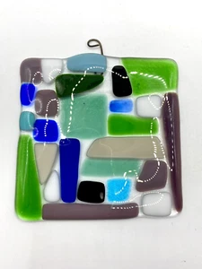 Art Studio Fused Glass Sun Catcher, Cobalt Blue, Greens, Mauve w/hangar - Picture 1 of 5