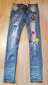 Fifth Loop Paint Splatter Patch Mens 30x32 Distressed Stretch Blue Denim Jeans - Picture 1 of 11