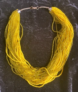30-Strand Seed Bead Yellow & Green Necklace Vintage Boho Multi Layer Statement - Picture 1 of 18