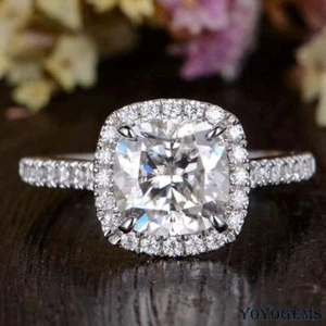 Moissanite Halo Engagement Ring 3 Carat Solid 14K White Gold Cushion Cut F/VVS1 - Picture 1 of 11