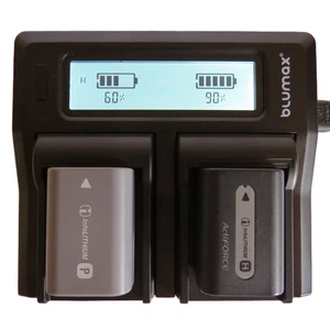 Blumax LCD Dualladegerät für Sony Camcorder NP-FV, P-FP, NP-FH Akkus – USB Out - Bild 1 von 8