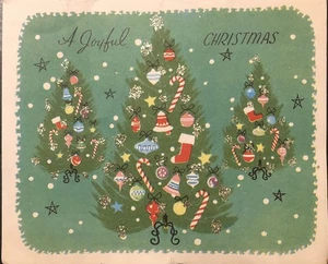 Vintage Weihnachtsgrußkarte drei schön geschmückte Weihnachtsbäume Zuckerstangen - Bild 1 von 3