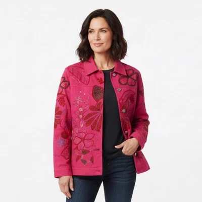 复古 Laura Ashley Petite Med 粉红色花卉刺绣牛仔夹克外套 Maximalist — 第 1/4 张图片