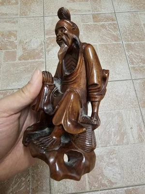 Vintage Chinese Hand Carved Hardwood figure 19th Chinese Carved Wooden figure  - Image 1 of 4
