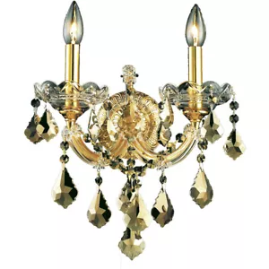 Crystal Wall Sconce Gold and Golden Teak Bedroom Dining Room 2 Light Fixture 16" - Picture 1 of 2