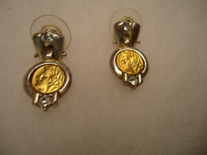 Vittorio vtg Roman Coin rhinestone door knocker earrings