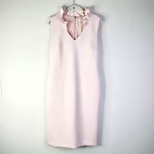 Calvin Klein Kleid Damen 10 Rosa Blush Rüschen Ausschnitt Etui Ärmellos Midi Tailliert - Bild 1 von 8
