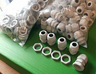 Cable Gland PG16 + Locknut IP68 Cable Entry 7mm To 12mm GREY Nylon  X 5 Sets • 2.45£