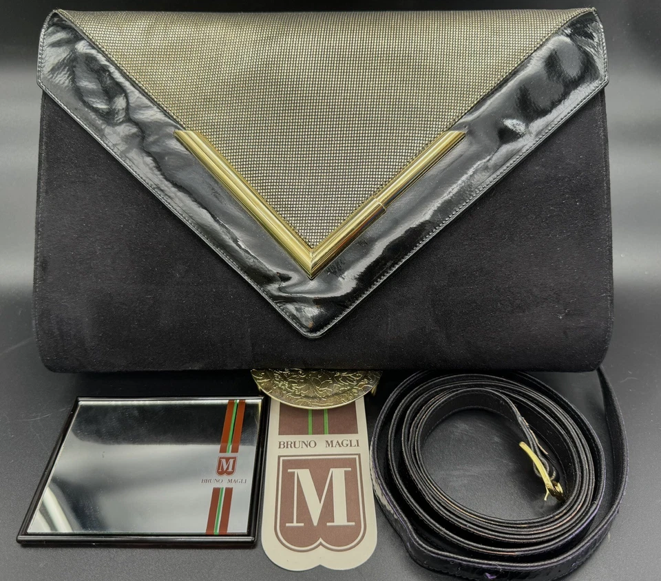 Bolso sin asas convertible vintage Bruno Magli de cuero gamuza charol dorado Foto 1 de 4
