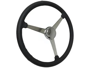 15" Black Leather 3-Bolt Sprint Steering Wheel with Polished Horn, Solid 3-Spoke - Picture 1 of 8