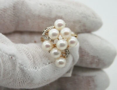 ANILLO CÓCTEL VINTAGE ORO AMARILLO 14K 8 PERLAS REDONDAS Y 3 DIAMANTES PEQUEÑOS.TALLA 6 Foto 1 de 4