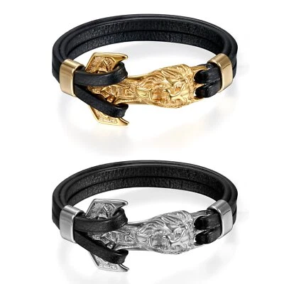Pulsera de cuero con cabeza de león de acero inoxidable de 8,46" para hombre Foto 1 de 4
