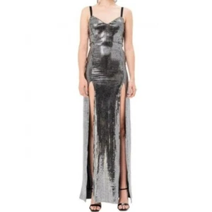 KikiRiki Shimmer Double High Slit Maxi Dress Silver Size Small NWT - Picture 1 of 4