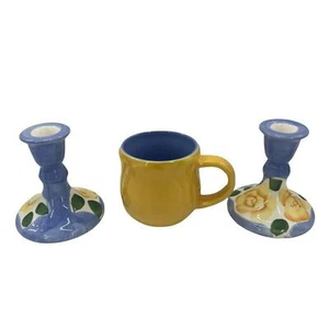 Hand Painted Easter Floral Ceramic Taper Candle Holders & Creamer Set of 3 - Picture 1 of 12