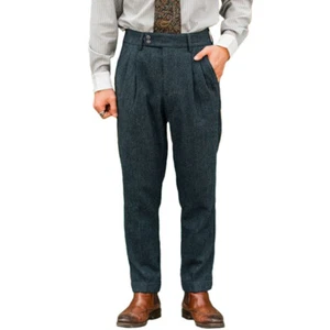 Men Wool Ankle Dress Pant Pleated Skinny Casual Business Formal Suit Trouser - Picture 1 of 11