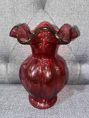 Vintage Cranberry Ruby Red Melon Vase Ribbed Ruffled - Image 1 of 4