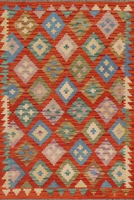 Geometric Reversible Kelim Kilim Rugs Flatweave Tribal Wool Carpet 3x5 ft - Image 1 of 4