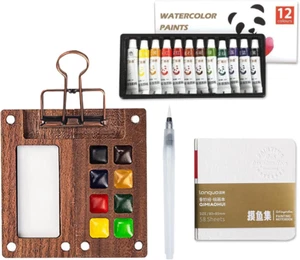Pocket Artist Watercolor Travel Set, Mini Portable Wooden Paint Palette with Cli - Picture 1 of 12