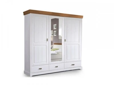 Kleiderschrank Schrank Kasten 3-türig 3trg. ROMAN Kiefer massiv weiß weiss honig - Bild 1 von 2