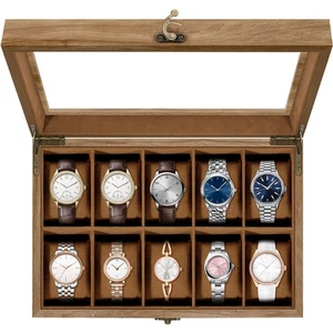 Caja de reloj organizadora de joyas de madera para 10 ranuras vitrina con tapa de vidrio regalo - Imagen 1 de 15