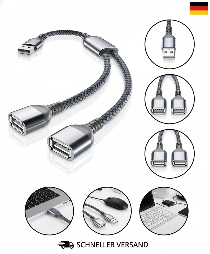 Basesailor USB Splitter Y Kabel 0.3M, USBA 1 Stecker Zu 2 Buchse Port Verlängeru - Bild 1 von 1