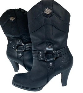 Harley Davidson Women’s Zippered Leather Heeled Black Boots Size 7 1/2 - Picture 1 of 7