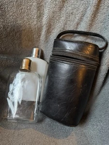 Vintage Travel 3-Piece Liquor Flasks Set w/ Black Leather Case - Picture 1 of 6