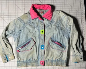 East West Neon 80s 90s Acid Wash Denim Jacket Women's Medium Full Zip Vintage - Picture 1 of 8