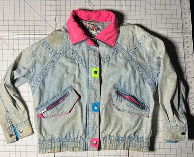 East West Neon 80s 90s Acid Wash Denim Jacket Women's Medium Full Zip Vintage - Image 1 of 4