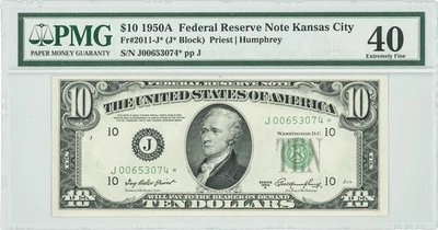 FR #2011-J* $10 1950A Federal Reserve Note Kansas City EF40 PMG 947115-9 - Image 1 of 3