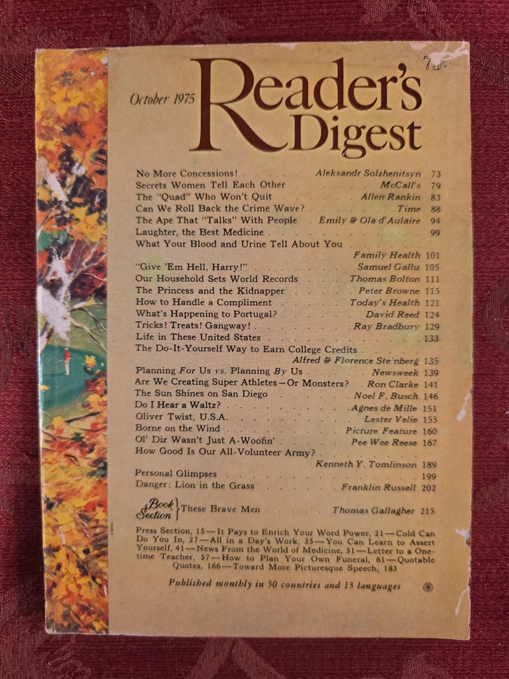 Readers Digest October 1975 Ray Bradbury Agnes deMille Aleksandr Solzhenitsyn - Image 1 of 1