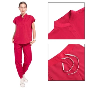 Stand Collar Scrubs for Women Set Nurse Uniform Top & Jogger Pant Red - Picture 1 of 14