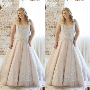 Champagne Wedding Dresses Plus Size Elegant Sleeveless A Line Lace Bridal Gowns - Picture 1 of 10