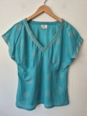 Anokhi for East 100% Indian Cotton Turquoise V Neck Blouse Size 14  - Image 1 of 4