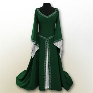 Womens GirlsVintage Gothic Medieval Long Sleeve Embroidered Slim Dresses Costume