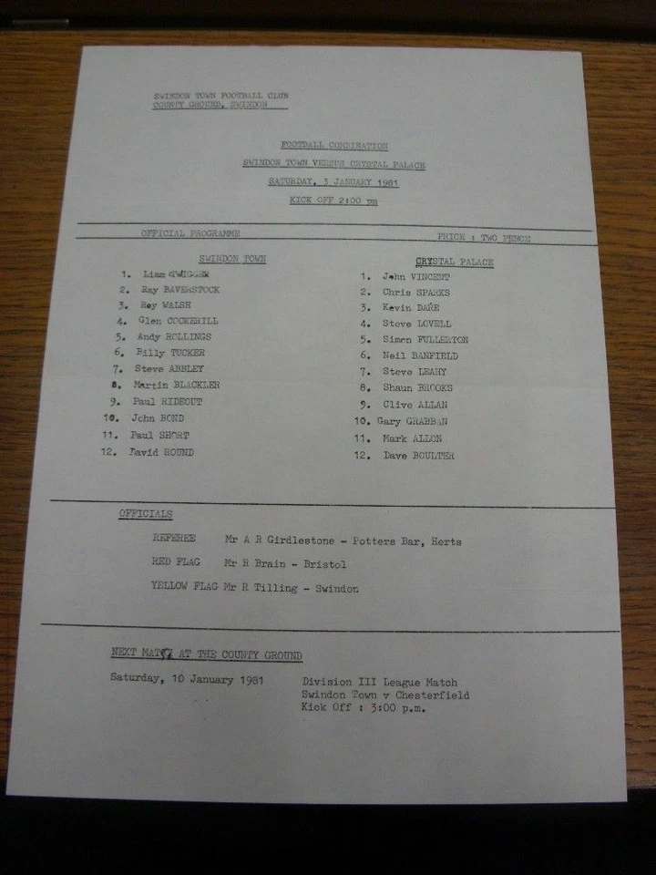 03/01/1981 Swindon Town Reserves v Crystal Palace Reserves  (single sheet, folde - Image 1 of 1