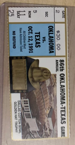 1991 A Oklahoma Sooners Texas Longhorns Football Ticket Stub Cotton Bowl Dallas Cover