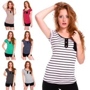 Ladies Boat Neck Pocket Tee Short Sleeves Women Top Buttons Striped Blouse FB304 - Picture 1 of 17