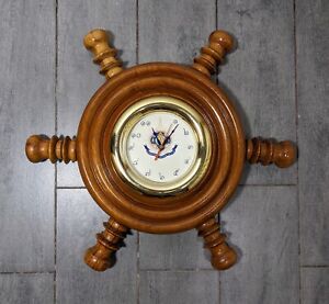 Vintage Ship's Wheel Nautical Maritime Carved Wood Wall Clock Handles Thai