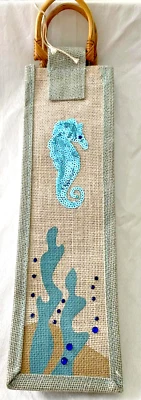 Bolsa de transporte de botellas de vino de caballito de mar con lentejuelas de yute indio cubierta de botella bolsa de botella de oficina Foto 1 de 4