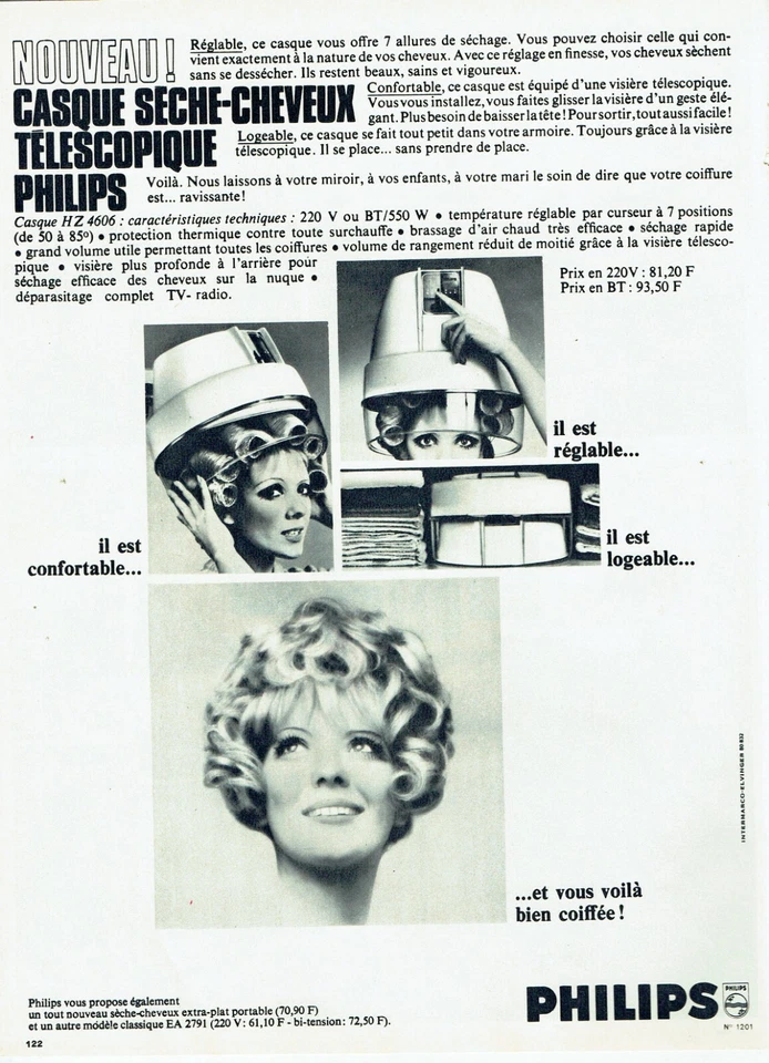 Publicité Advertising 099  1968  Philips  nouveau casque séche-cheveux  téléscop - Photo 1/1