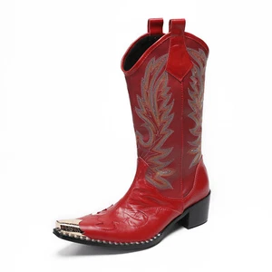 Herren Stiefel Mode Western Leder Spitze Spitze Metall Cowboy Stiefel - Bild 1 von 11