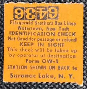 Vintage Ticket Stub Fitzgerald Brothers Bus Lines ID Check Watertown NY - Picture 1 of 3
