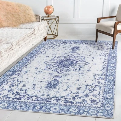 Area Rug 8x10 - Vintage Floral Honeycomb Non Slip Backing Carpet - Blue Softe... - Image 1 of 4